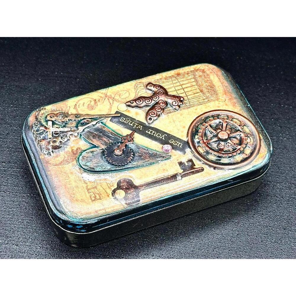 Steampunk Trinket Tin Box w/ Compass & Key | Typewriter Collage | “Brave”